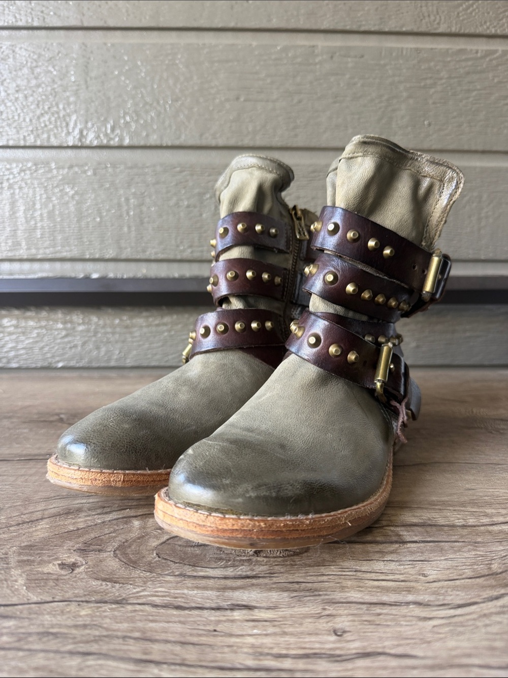 A.S.98 Olive Leather Ankle Boots with Brown Studded Straps size 38